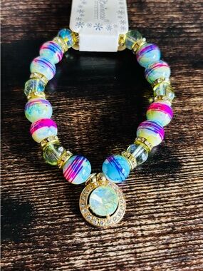 Beaded Opal Pendant Stretch Bracelet - Multi-Color
